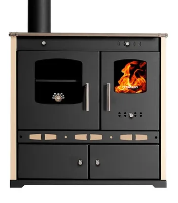 A front view of a black and ivory wood-burning stove with a chimney pipe.