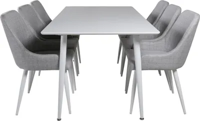 Produktbild von Polar180X90WHWH Essgruppe Esstisch weiß und 6 Plaza Esszimmerstühle grau, weiß.