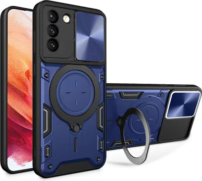 Produktbild von Handyhülle für Samsung Galaxy S21+ 5G Dual-Layer Stoßfest Rüstung Hülle mit Dia Kameraschutz und Kreisförmig Ring Ständer Blau