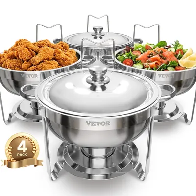 Obrázek produktu pro VEVOR ohřívač jídla na bufet se 4 plnohodnotnými nádobami (každá o objemu 4,7 l), kulatý ohřívač s víkem, miskou na vodu a skládacím stojanem, pro svatební oslavy stříbrný