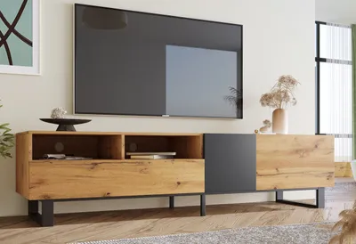 Produktbild von Fortuna Lai Gmbh, Lowboard, Natur/Schwarz, Vintage-Industrial Design, 180x38x50 cm, mit 2 Türen, 2 Schubladen und 2 Regalen, viel Stauraum, stabile Konstruktion, aus MDF und Metall, belastbar bis 90 kg