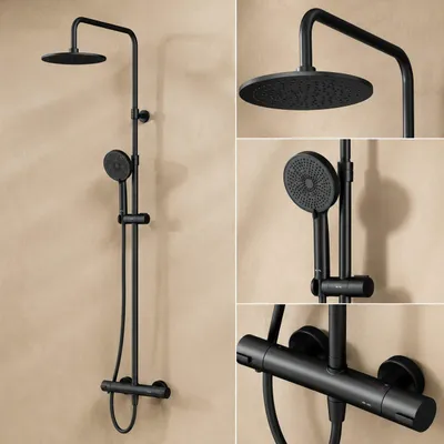 Produktbild von AM.PM Duschsystem mit Thermostat, Regendusche Ø 25 cm, Thermostat Duscharmatur Komplettset mit Duschsäule, Air-in-Technologie, Schwarz, F078Y422