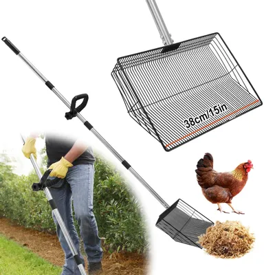 Productafbeelding van Kippenmestschep mestschop kippenhok schep - 38 cm - Verstelbare steel 71 tot 137 cm - Roestbestendig metaal