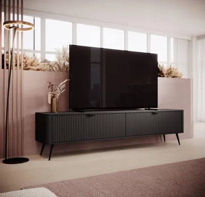 Produktbild von TV-Schrank LANTE 200 – Schwarz, 2 Türen, gerillte Fronten, schwarze Beine und Griffe