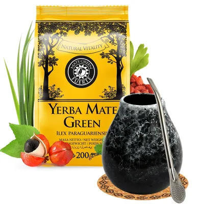 Produktbild von Yerba Mate Tee Starter Set mit Mate Green Fuerte 200g - Keramik mate tee becher Marmol 350ml - Brasilianischer Matetee mit Kräutern, Bombilla