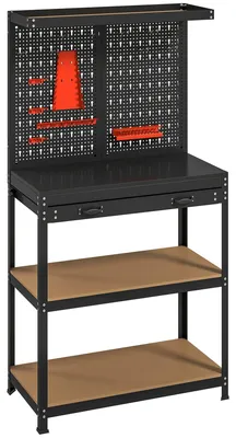 Obrázok produktu pre Pracovný stôl s držiakmi na náradie, zásuvkou a policami | Farba: Čierna | Rozmery: 80 x 40,5 x 155 cm