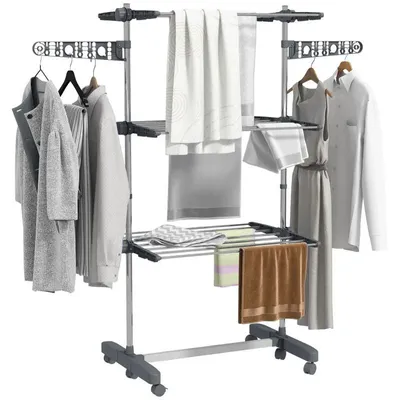 Image de Porte-vêtements pliable sur roulettes – Étagère à linge | Couleur : Gris | Dimensions : 55 x 142 x 152 cm