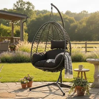 Produktbild von Home Collective Hängesessel Hängestuhl mit Gestell Hängeschaukel Hängekorb Schaukel Sessel Indoor & Outdoor Deko | weiche Sitzkissen inkl. | ideal für Garten, Balkon Terrasse oder Innen | schwarz