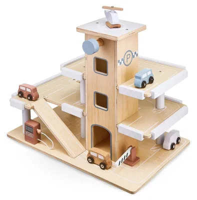 Image de Parking pour enfants en bois - Garage à 3 étages avec ascenseur - Livré avec des voitures et un hélicoptère - Jouet éducatif à partir de 3 ans