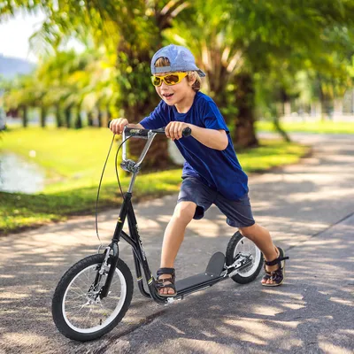 Produktbild von Kinderroller mit 2 V-Bremsen & Luftreifen, Tretroller Kickscooter, 16+12 Zoll Stahlrahmen, Schwarz | 135x58x100 cm | höhenverstellbar | ab 5 Jahre