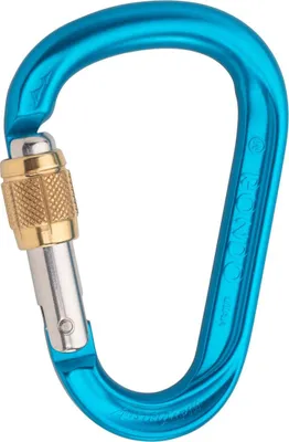 Blauer HMS Rondo Karabiner von Austri Alpin mit goldfarbenem Schraubverschluss aus Aluminium