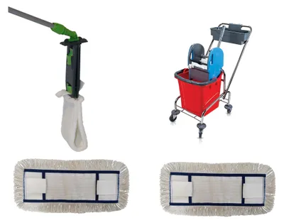 Produktbild von CleanSV® Wischset chrom Laschenmop 50 cm, Ablage, Reinigungswagen 1 x 18 Liter Eimer, Presse, Deichsel, 1 Laschenmop Halter, 3 x Laschenmop Baumwollmop, Teleskopstiehl