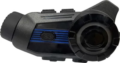 A close-up, side view of a black and blue motorcycle helmet communication system.