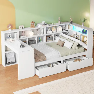 Produktbild von L-förmiges Holz-Plattformbett mit Schreibtisch, Bücherregal, Schubladen & LED-Kopfteil, gepolstertes Kopfteil, Weiß, 90x200cm