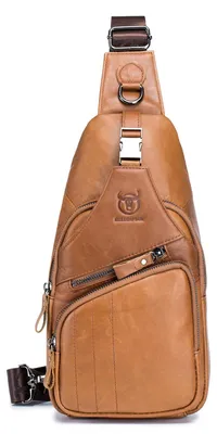 Retro Heren Sling Bag, Leder, 6 Fächer, 18x8x32 cm, Gelb