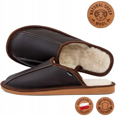 Immagine prodotto di Ciabatte da uomo in pelle, foderate in lana di pecora, color marrone, cucite a mano, taglia 42