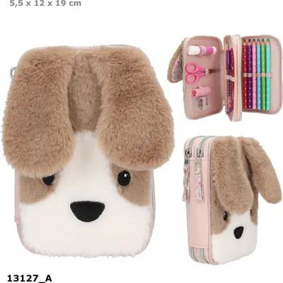 A collage of images showing a plush dog-shaped pencil case from different angles, including an open view revealing its contents.