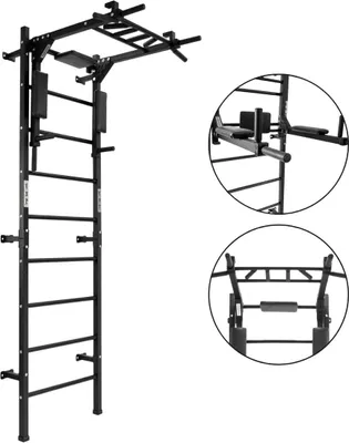 A black metal wall-mounted gymnastics ladder with various attachments, shown against a white background. Insets provide close-up views of the attachments.
