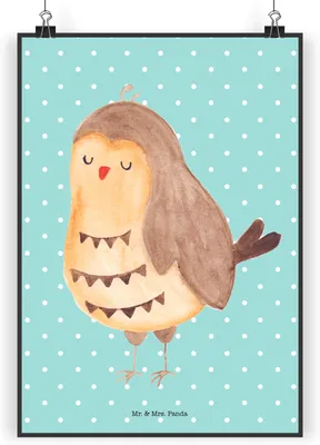 Produktbild von Mr. & Mrs. Panda Bild Eule Zufrieden DIN A3 - Türkis Pastell - Geschenk, drucke, Romantisch, wanddeko, Wandbild, Plakat, Owl, Müde, Hochzeitstag, Kunstdruck, Waldtier