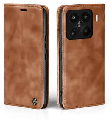 A brown leather flip case for a smartphone is shown from two angles.