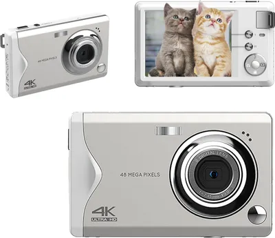 A collage of three images showing a white digital camera from different angles, and a close-up of the camera screen displaying two kittens.