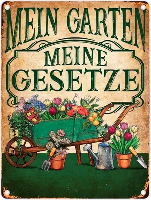 Produktbild von Mein Garten Meine Gesetze Metallschild in 15x20 cm mit Blumenwagen