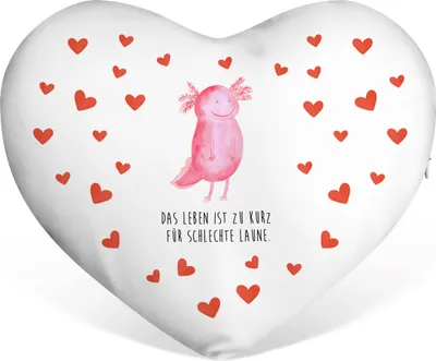 Produktbild von Mr. & Mrs. Panda Dekokissen Axolotl Glücklich - Weiß - Geschenk, Sofakissen, Kissen Herz, Lurch, dekoartikel, gut Gelaunt, Herzkissen, Motivationsspruch, Motivation