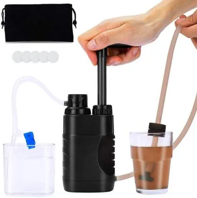 Image de Filtre à eau pour l'extérieur - Filtre à eau portable avec pompe manuelle - Capacité jusqu'à 3000 litres - Sans BPA - Idéal pour le camping, la randonnée, les voyages et les situations d'urgence - Noir