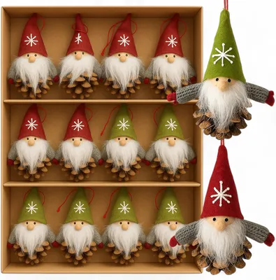 Productafbeelding van Kerstkabouters - Set van 12 - Handgemaakte boomversiering van hout en stof - Decoratieve kabouters voor dennenboom