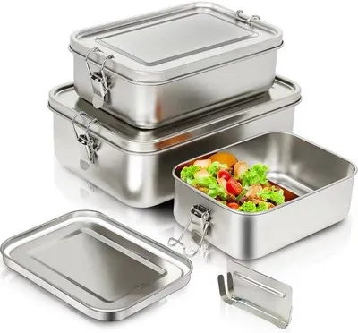 Immagine prodotto di Set di valigette in acciaio resistenti con tre contenitori impilabili per il trasporto di alimenti