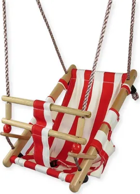 Produktbild von Babyschaukel Kinderschaukel aus Holz Stoff Schaukel zum Aufhängen : rot-weiß Farbe Schaukel: rot-weiß