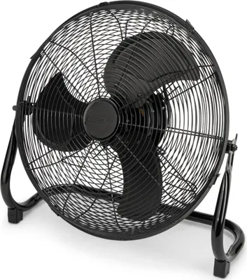 A black floor fan with a metal grille and three blades.