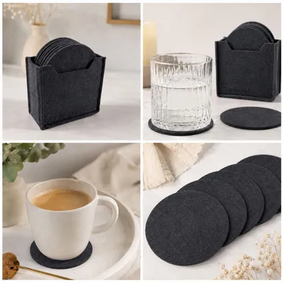 Produktbild von Filz Untersetzer für Gläser & Tassen 12er Set mit Box, runde Tischuntersetzer 10cm abwaschbar Dunkelgrau