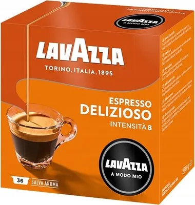 A box of Lavazza A Modo Mio espresso capsules.
