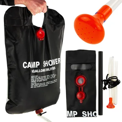A collage of a camping shower bag, shower head, and accessories.
