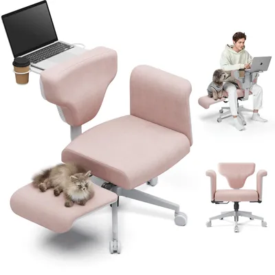 A collage of images showing a pink ergonomic office chair with a laptop tray, a cat, and a person using the chair with a dog.