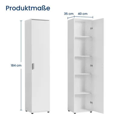 Obrázek produktu pro Úzká víceúčelová skříňka 40 cm široká s 1 dvířky a 4 policemi 40x35x184 cm (ŠxHxV) | Bílá