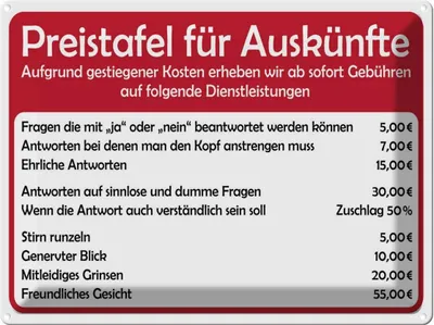 Produktbild von vianmo Blechschild 30x40 cm Preistafel für Auskünfte