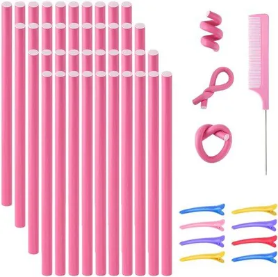 Obrázek produktu pro Sada 40 kusů flexibilních natáček z pěny – styling bez tepla pro přirozené vlny, opakovaně použitelné pěnové natáčky s kovovým hřebenem a sponkami do vlasů, vhodné pro všechny typy vlasů