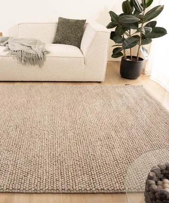 Image de Tapis Unyqoos® Fjell – tapis tissé à la main en laine authentique, de couleur sable, dimensions 240 x 340 cm, qualité Nordic Weavers