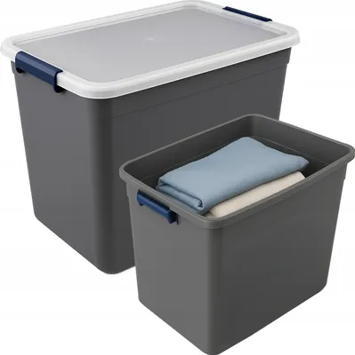 Zdjęcie produktu dla SuperButelki - Pojemnik plastikowy 80l, szary organizer z pokrywką, do przechowywania, HOME BOX z kółkami, uniwersalny, do biura, warsztatu, garażu