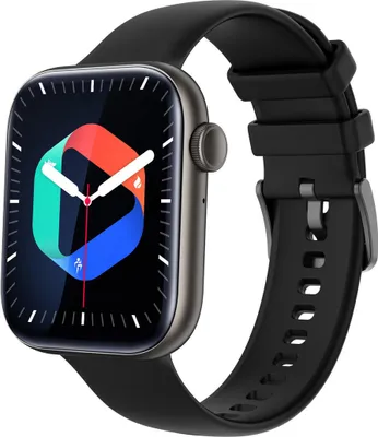 A smartwatch with a black strap and a gray casing is shown against a white background.