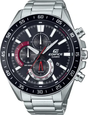 A close-up studio shot of a Casio Edifice chronograph watch with a black dial and silver metal band.