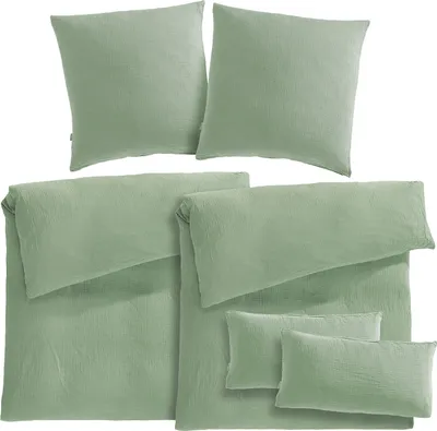 Produktbild von Pure Label Musselin Bettwäsche 6teilig bestehend aus Bettbezug 135 x 200 2er Set + 80x80 Kissenbezug 2er Set + 40x80 Kissenbezug 2er Set in grün