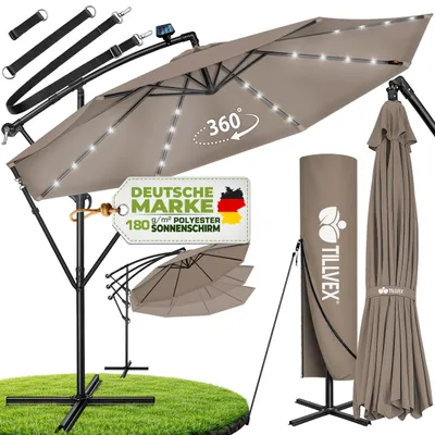 Obrázok produktu pre tillvex Hliníkový slnečník Cappuccino LED na solárnu energiu, Ø 300 cm, s kľukou | Slnečník s vypínačom | Záhradný slnečník s UV ochranou, hliníkový | Slnečník s kľukou a stojanom, trhový slnečník, vodotesný