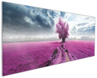 Produktbild von Wallario Küchenrückwand aus Glas, Größe: 125 x 50 cm, Motiv: Surreales Blumenfeld  lila Blumen auf dem Feld | Spritzschutz | abwischbar | pflegeleicht | in