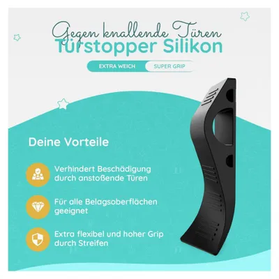 Produktbild von Türkeil aus Gummi [2er Set] – rutschfester Türstopper für schwere Türen, geeignet für alle Bodenarten – Türkeil mit Halterung (Schwarz)