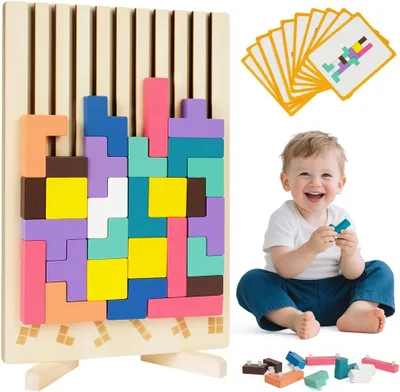 Immagine prodotto di Blocchi di legno 3D per costruzioni, gioco di impilamento – Giocattolo educativo e interessante per bambini – Giocattolo puzzle colorato