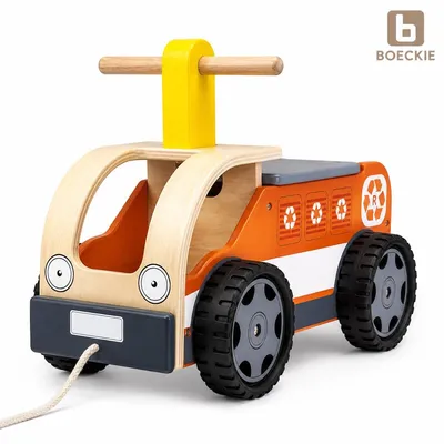 Productafbeelding van BOECKIE Houten Loopauto Recyclingwagen – Rubberen Wielen – Vanaf 18 Maanden