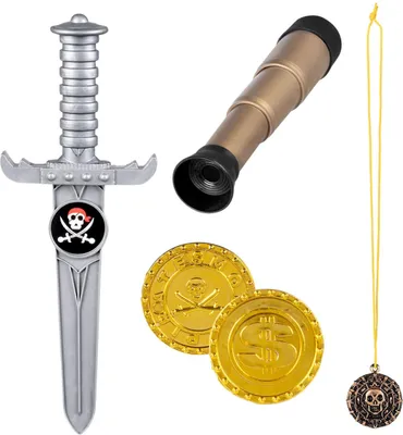 Produktbild von Kostüm-Set "Pirat" Zubehör | Teleskop 18 cm, Dolch 23 cm, Amulett und 2 Münzen